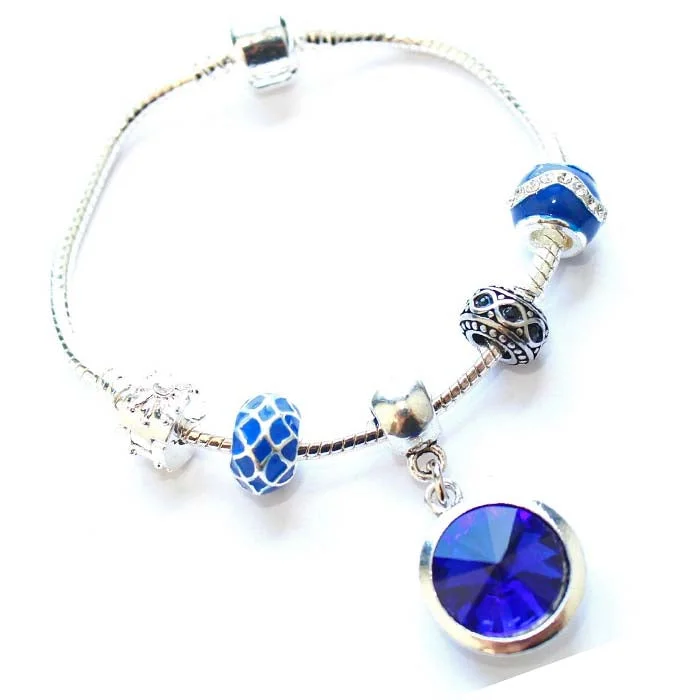 gemstone bracelet for women -Teenager's 'September Birthstone' Sapphire Colored Crystal Silver Plated Charm Bead Bracelet