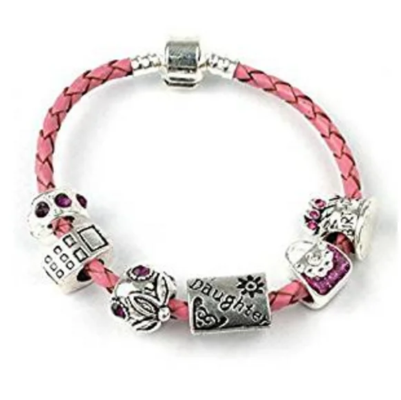 trendy charm bracelet for women -Teenager's/Tween's Daughter 'Birthday Bling' Pink Braided Leather Charm Bead Bracelet