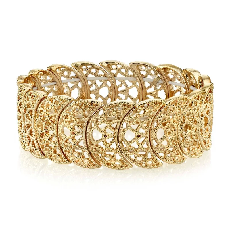 trendy gold bracelet for everyday wear -1928 Jewelry Vintage Lace Half-Circle Filigree Stretch Bracelet, 7"