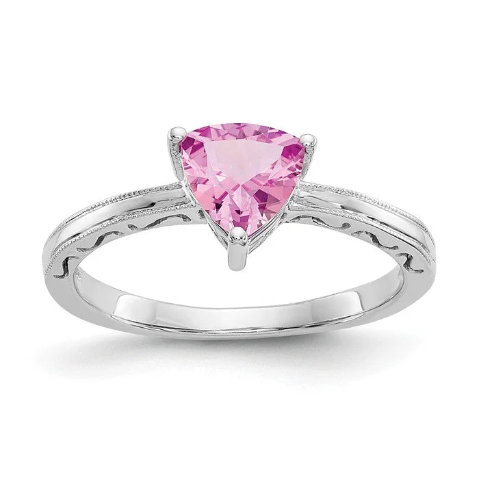 custom name ring for women -10k White Gold Created Pink Sapphire Trillion Ring