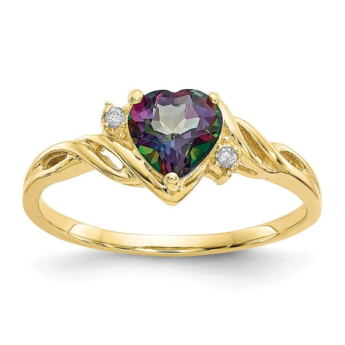 gold anniversary ring for women -10k Yellow Gold Heart Mystic Fire Topaz And .01ct Diamond Ring