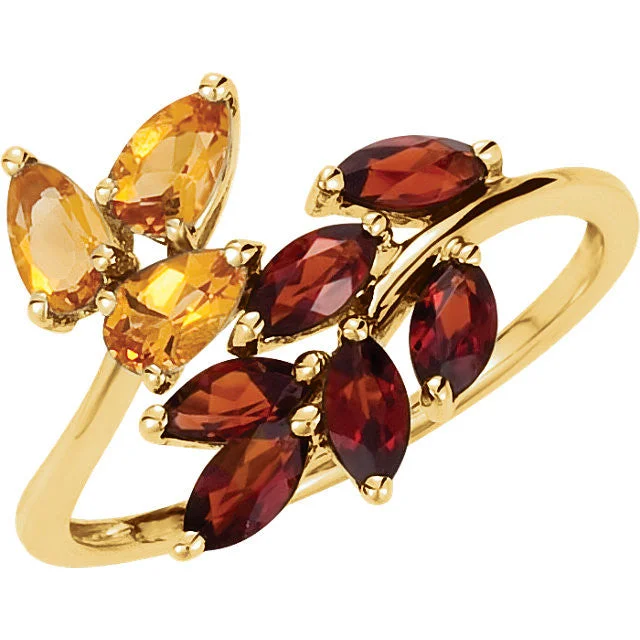 luxury diamond ring for engagements -14k Yellow Gold Citrine & Mozambique Garnet Leaf Bypass Ring