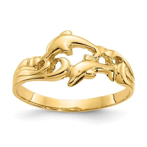 classic diamond wedding band for women -14K Yellow Gold Solid Double Dolphins With Waves Ring