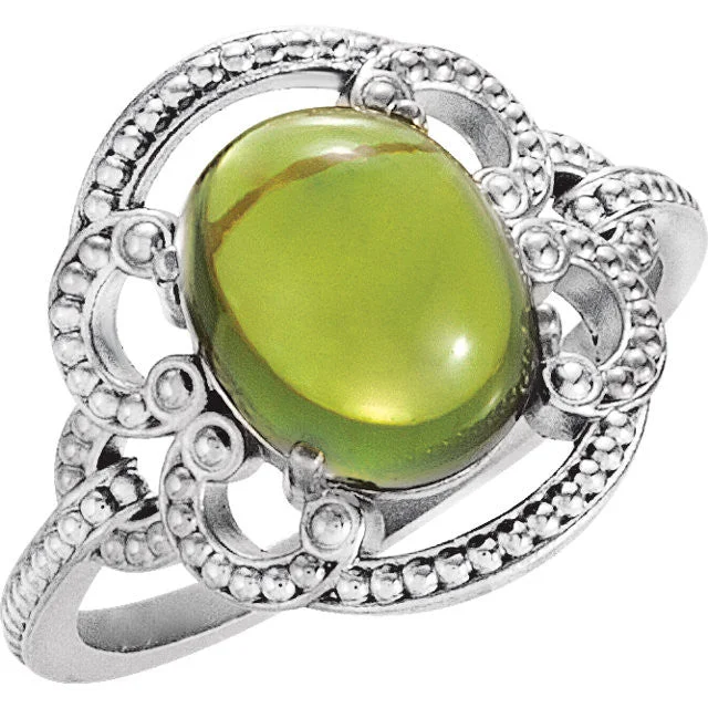 solitaire diamond ring for engagements -14K Gold Oval Peridot 10mm Cabochon Granulated Design Ring