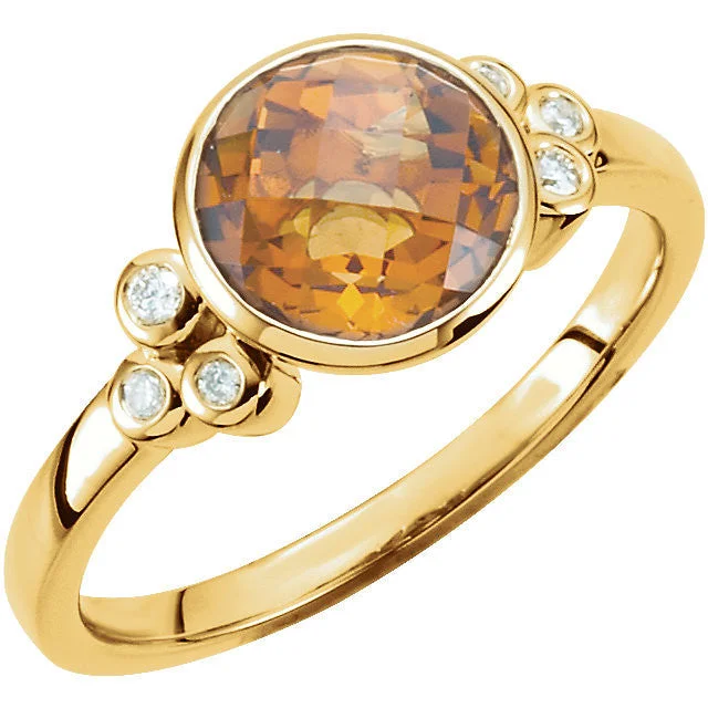 stackable rings for women -14k Yellow Gold Round Bezel Set Citrine & Diamond Accented Ring