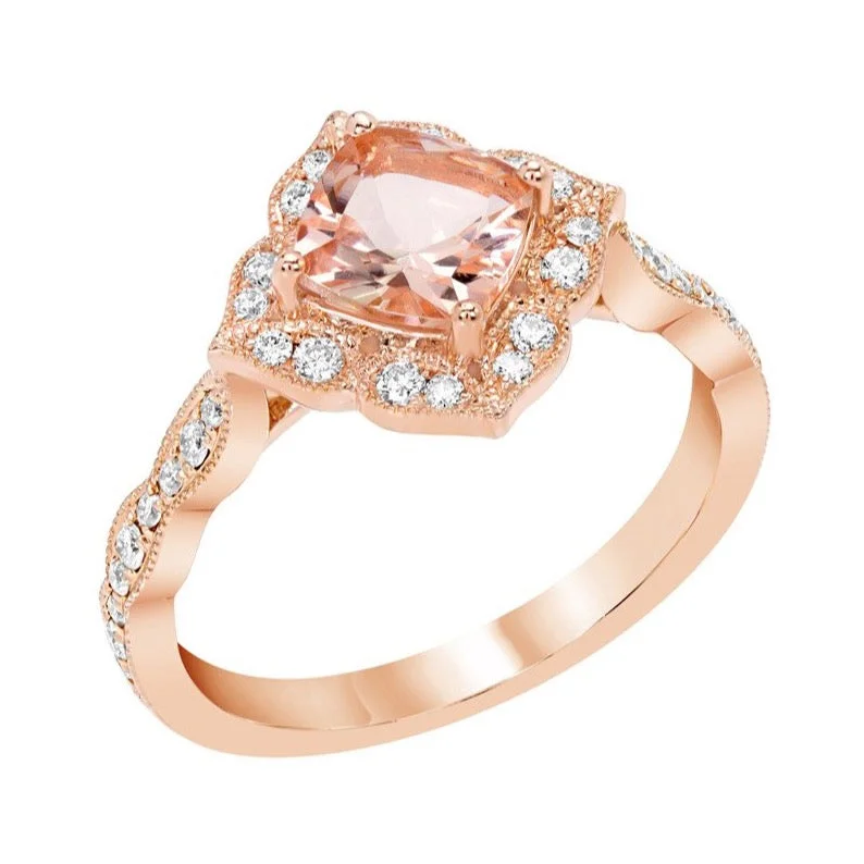 pearl engagement ring for women -14k Rose Gold Cushion Cut Morganite Diamond Halo Engagement Ring