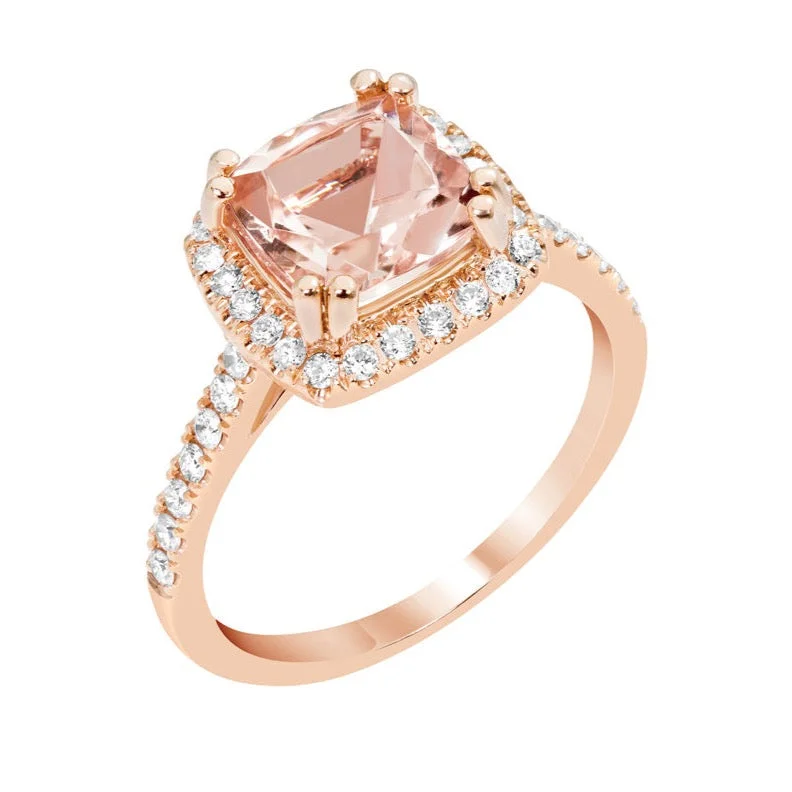 diamond solitaire ring for women -14k Rose Gold 8mm Princess Cushion Morganite & Diamond Halo Ring