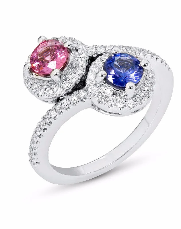 men’s platinum wedding band -14k White Gold 2-Stone Pink and Blue Sapphire Diamond Halo Ring