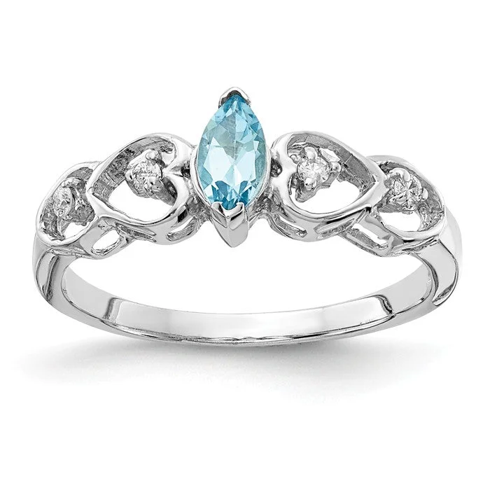 classic wedding band for men -14k White Gold 6x3mm Marquise Swiss Blue Topaz AA Diamond Heart Band Ring