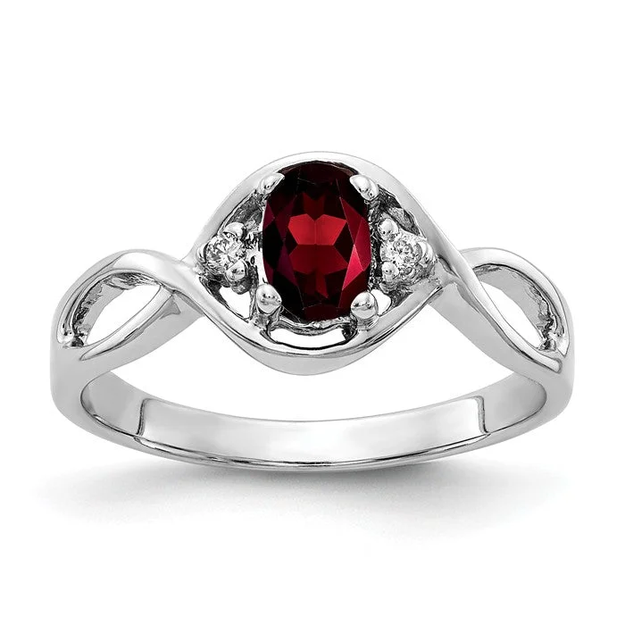 classic wedding band for men -14k White Gold 6x4mm Oval Garnet and Diamond Infinity Style Ring