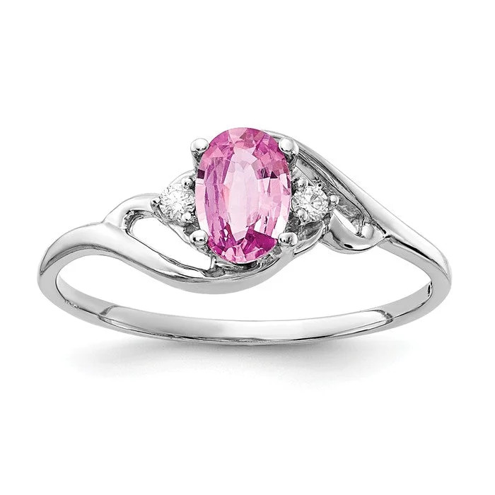 silver promise ring for couples -14k White Gold 6x4mm Oval Genuine Pink Sapphire And AA Diamond Ring