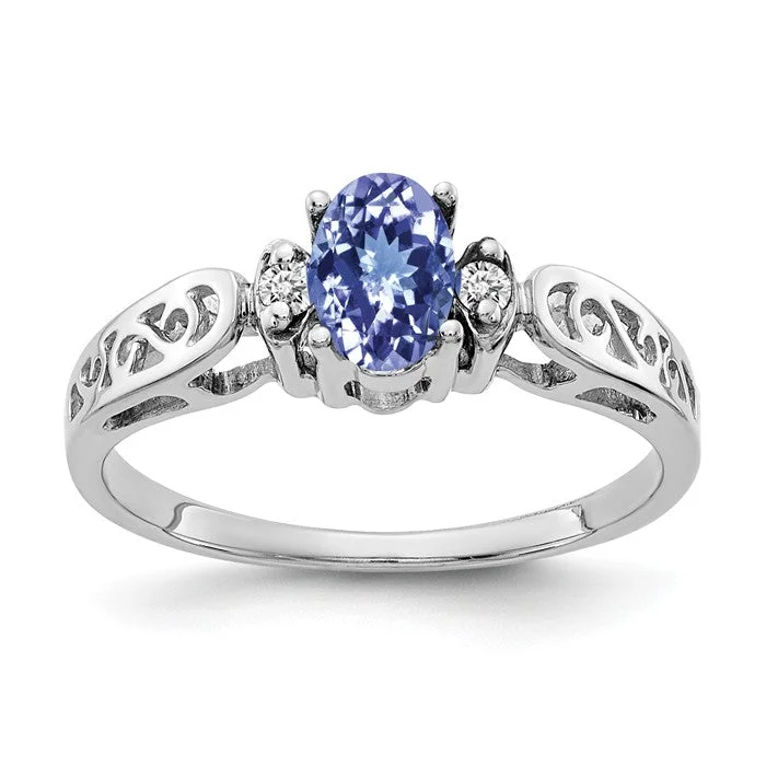 cubic zirconia ring for women -14k White Gold 6x4mm Oval Tanzanite and Diamond Filigree Side Ring