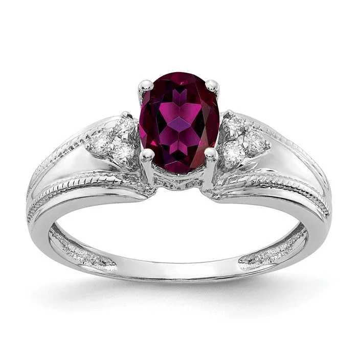 custom engraved couple’s ring -14k White Gold 7x5mm Oval Rhodolite Garnet and Diamond Ring