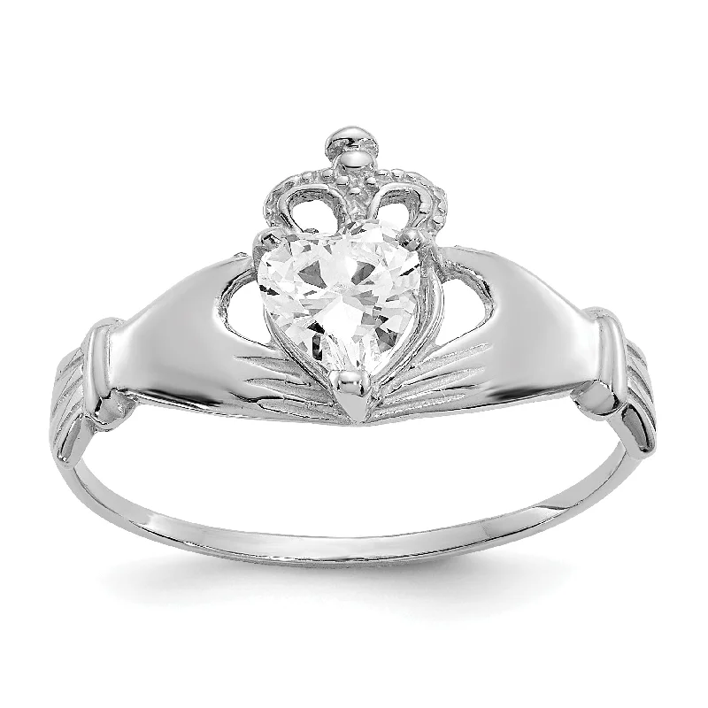 sapphire ring for engagement for women -14k White Gold April Clear CZ Heart Claddagh Ring