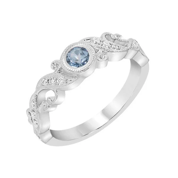 vintage engagement ring for her -14k White Gold Aquamarine Bezel and Diamond Filigree Ring