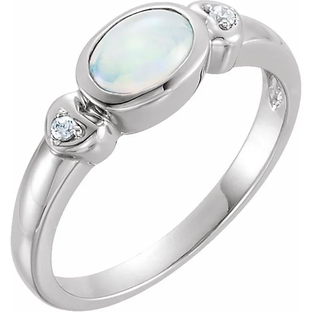 signet ring for men -14k White Gold Bezel Oval Genuine Australian Opal & Diamond Hearts Ring