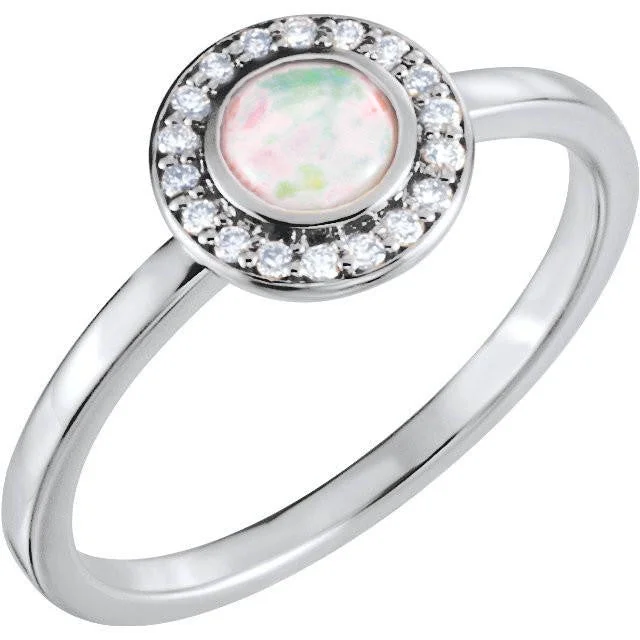 bridal set ring for women -14k White Rose or Yellow Gold Bezel Round Genuine Australian Opal & Diamond Halo Ring