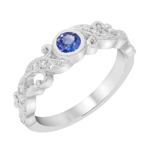 men’s zirconia wedding ring -14k White Gold Blue Sapphire Bezel and Diamond Filigree Ring