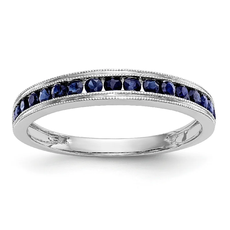 gold engagement ring for women -14k White Gold Blue Sapphire Milgrain Channel Set Anniversary Band