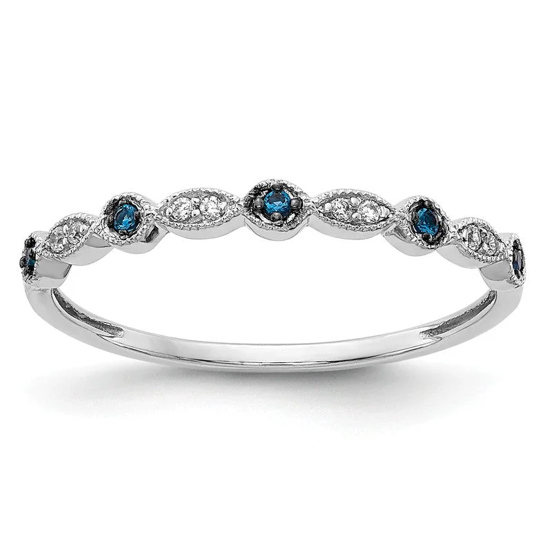 statement gemstone ring for women -14k White Gold Blue & White Diamond Round and Marquise-Style Anniversary Ring