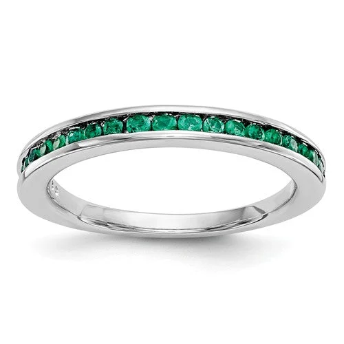 vintage wedding ring for women -14k White Gold Channel Set Genuine Emerald Anniversary Wedding Band