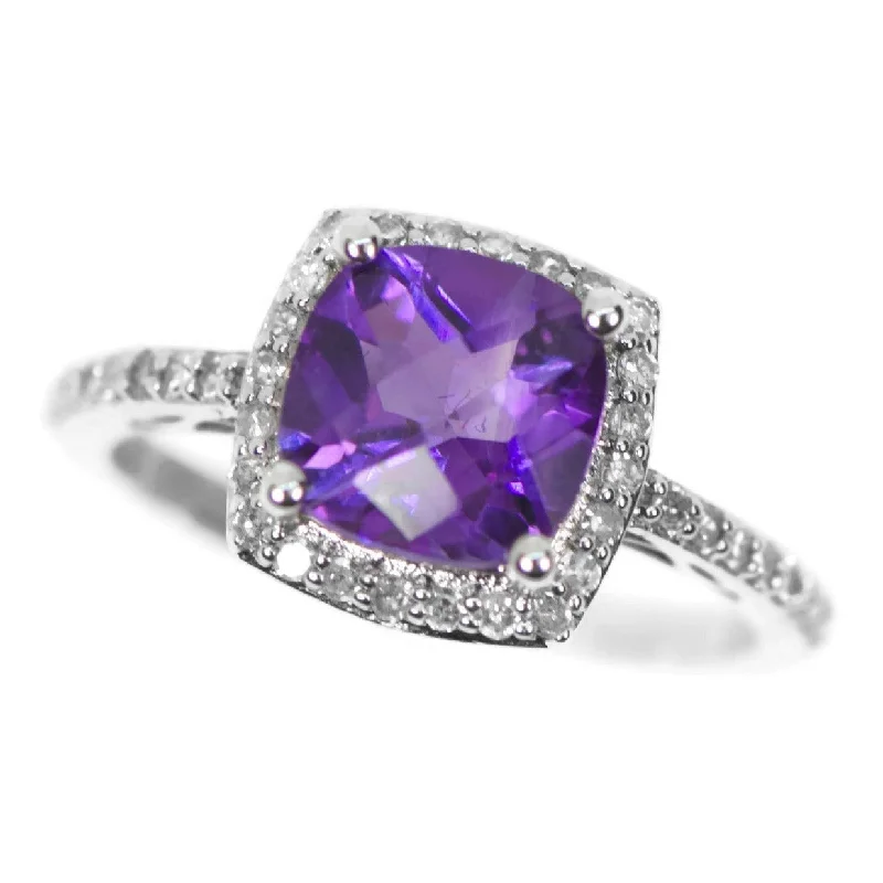 vintage gemstone ring for women -14k White Gold Cushion Amethyst and Diamond Halo Ring