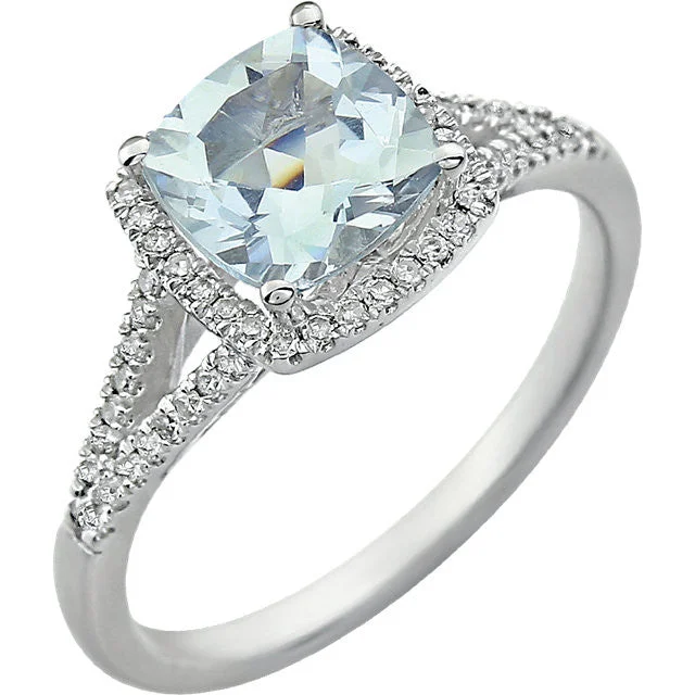 gold anniversary ring for women -14K White Gold 7mm Cushion Cut Aquamarine & Diamond Halo Ring