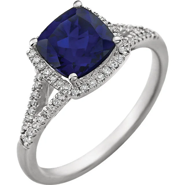 eternity diamond ring for weddings -14K White Gold 7mm Cushion Cut Created Blue Sapphire & Diamond Halo Ring