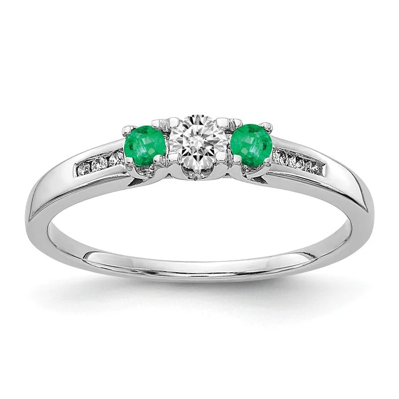 solitaire diamond ring for engagements -14k White Gold Diamond & Emerald 3-Stone Ring