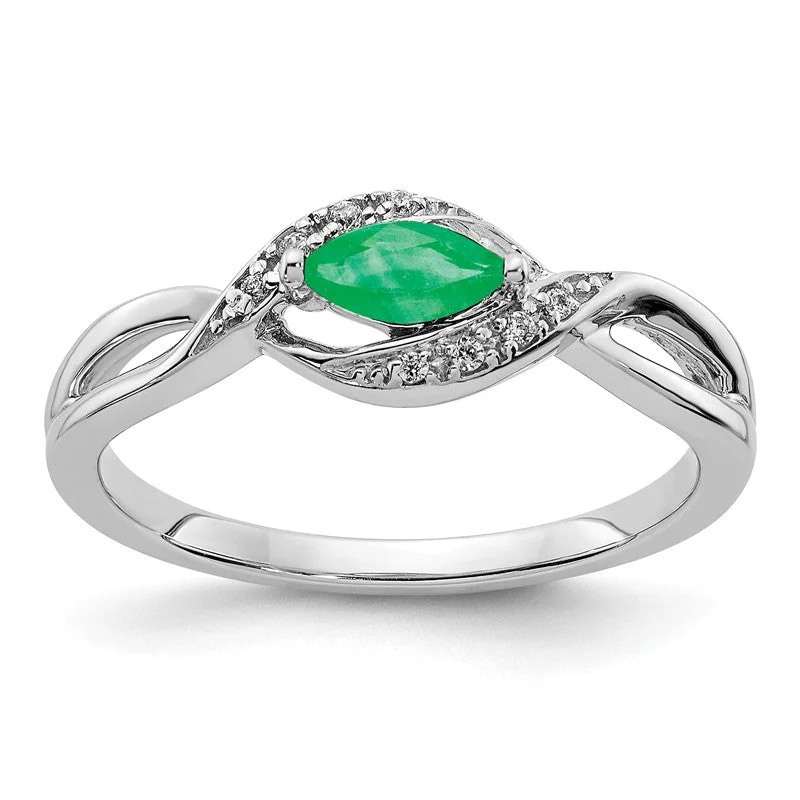 solitaire diamond ring for engagements -14k White Gold Diamond & Genuine Marquise Emerald Ring