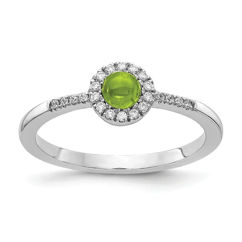 white gold wedding ring for women -14k White Gold Diamond Halo And Peridot Chabochon Ring