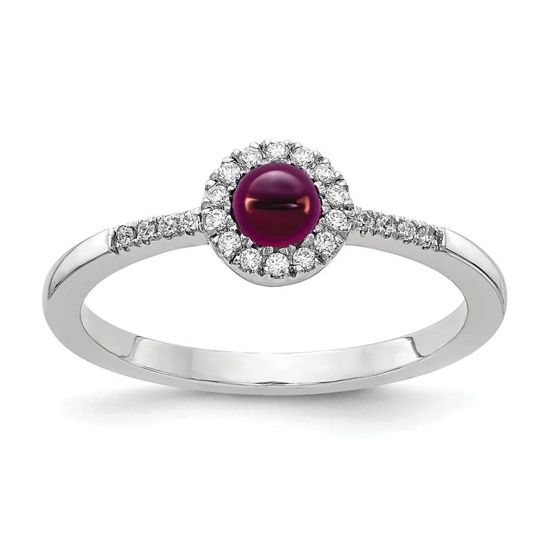 unique promise ring for her -14k White Gold Diamond Halo And Rhodolite Garnet Chabochon Ring