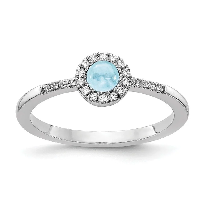 pearl engagement ring for women -14k White Gold Diamond Halo And Round Aquamarine Cabochon Ring