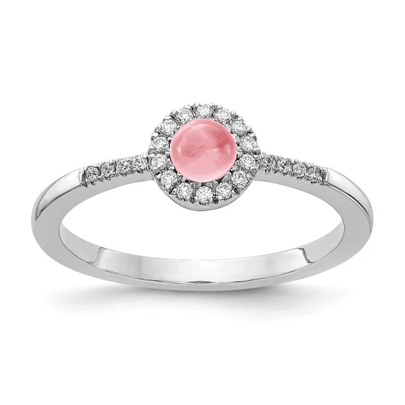 signet ring for men -14k White Gold Diamond Halo And Round Pink Tourmaline Cabochon Ring