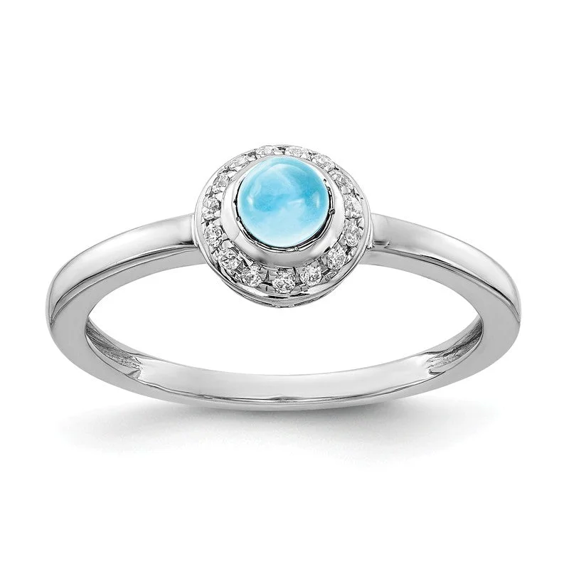 bridal set ring for women -14k White Gold Diamond Halo And Round Swiss Blue Topaz Cabochon Ring