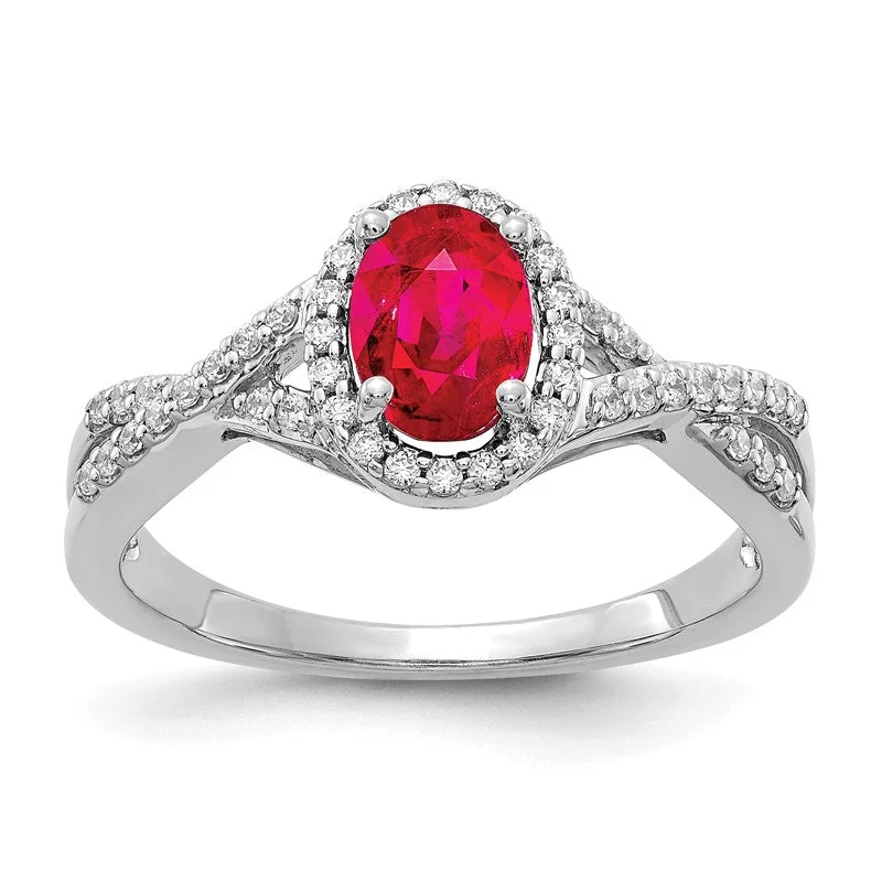 custom name ring for men -14k White Gold Oval Ruby and Diamond Halo Twist Ring