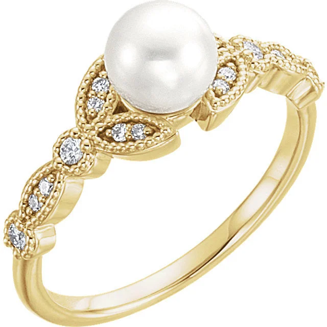 custom name ring for men -14K Gold Freshwater Pearl & 1/8 CTW Diamond Leaf Ring