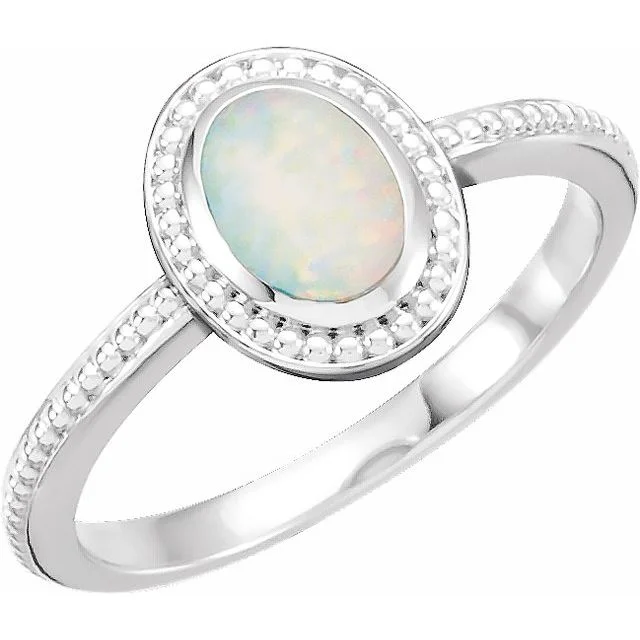 men’s silver wedding band -14k White Gold Oval Genuine Australian Opal Cabochon Beaded Ring