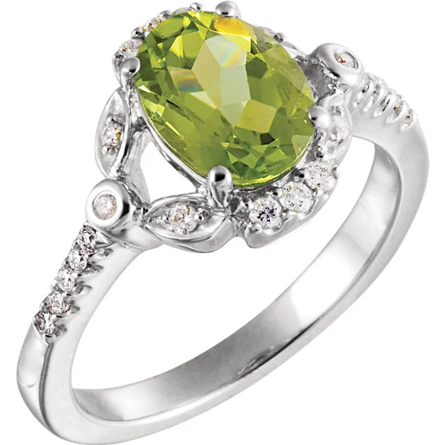 custom name ring for men -14k White Gold Genuine Oval Peridot & Diamond Accented Ring