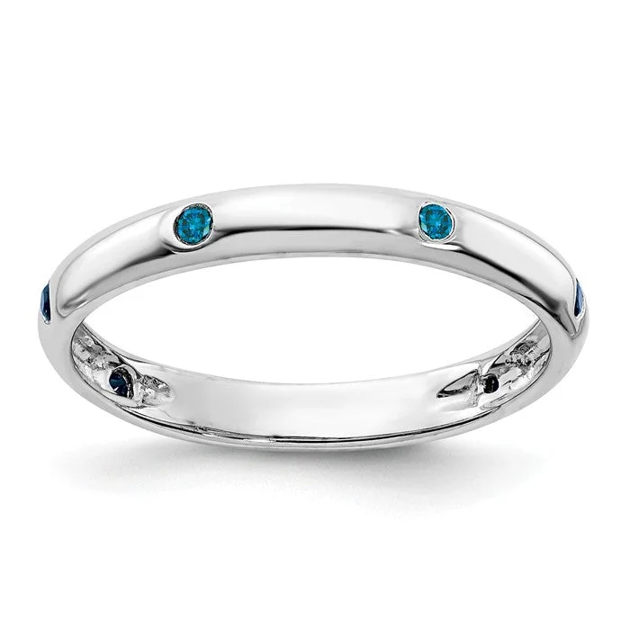 modern engagement ring for women -14k White Gold Gypsy Set Blue Diamond Eternity Ring