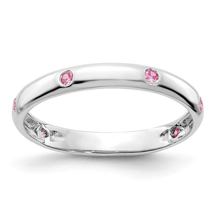 floral engagement ring for women -14k White Gold Gypsy Set Pink Sapphire Eternity Ring