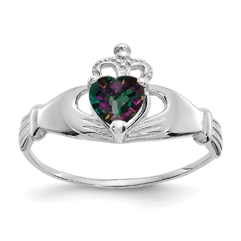 men’s unique wedding band -14k White Gold June Rainbow Mystic CZ Heart Claddagh Ring