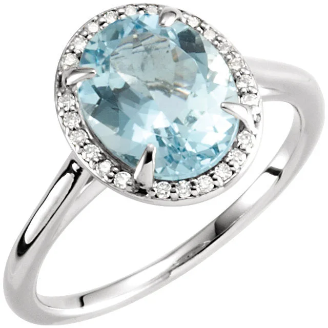 statement gemstone ring for women -14K White Gold 10x8mm Oval Aquamarine & .06 CTW Diamond Halo Ring