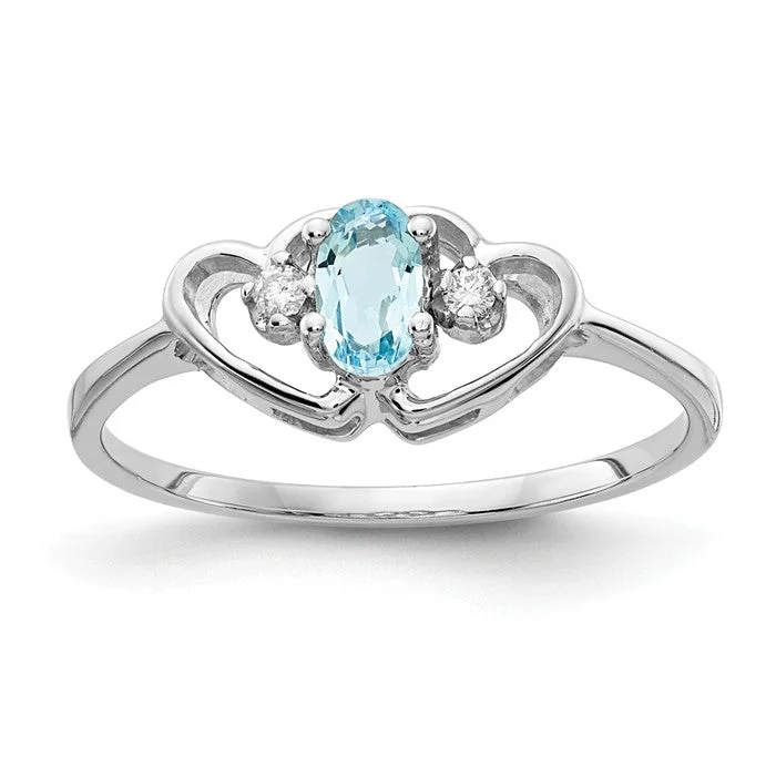 cubic zirconia ring for women -14k White Gold Oval Blue Topaz And AA Diamond Double Heart Ring