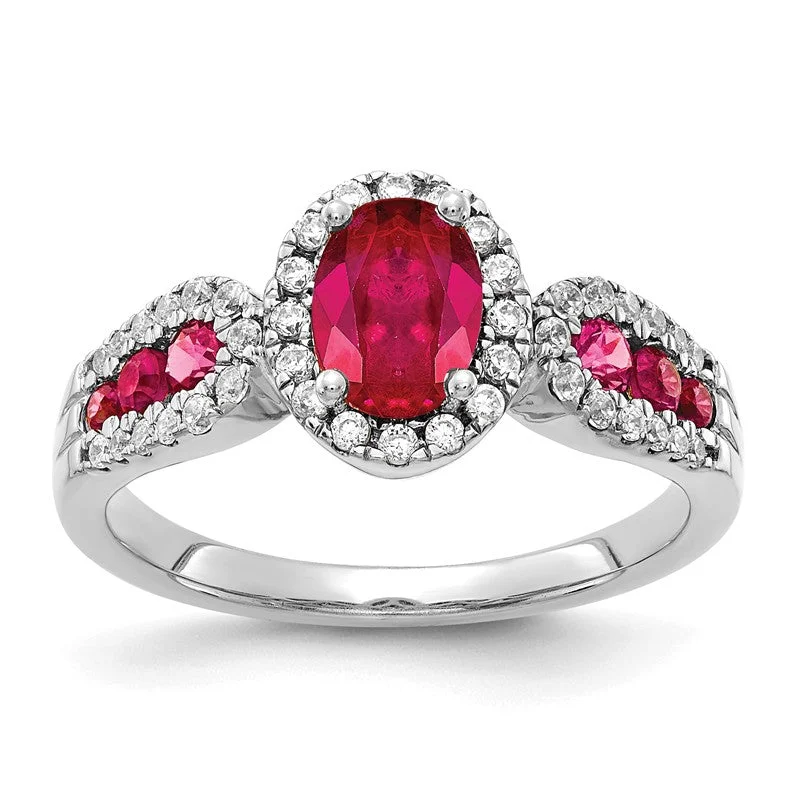 men’s leather ring with silver -14K White Gold Oval Genuine Ruby And Channel Set Diamond Halo Ring