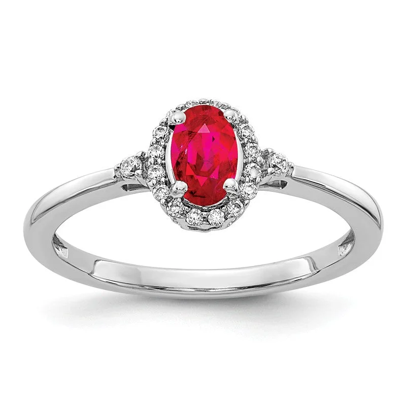 custom birthstone ring for men -14k White Gold Genuine Oval Ruby and Diamond Halo Ring