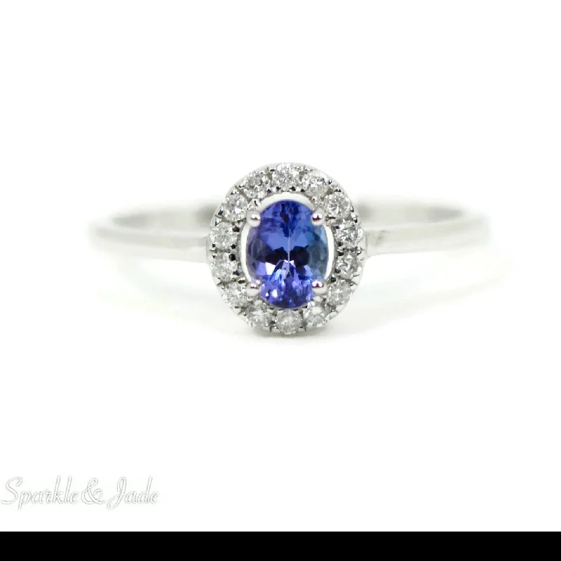 floral engagement ring for women -14k White Gold Oval Genuine Tanzanite and Diamond Halo Ring