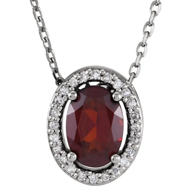 geometric necklaces for women-14K White Gold Oval Mozambique Garnet & .05 CTW Diamond Halo 16" Necklace