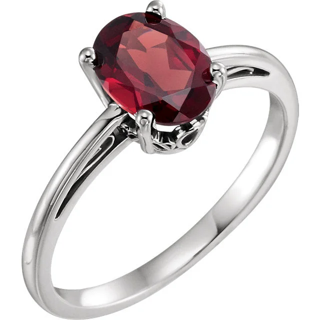 unique engagement rings for women -14K White Gold Oval Mozambique Garnet Scroll Set Ring