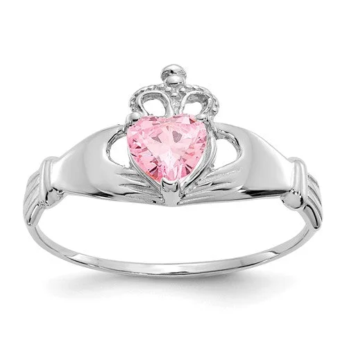 classic diamond wedding band for women -14k White Gold Pink CZ Heart Claddagh Ring